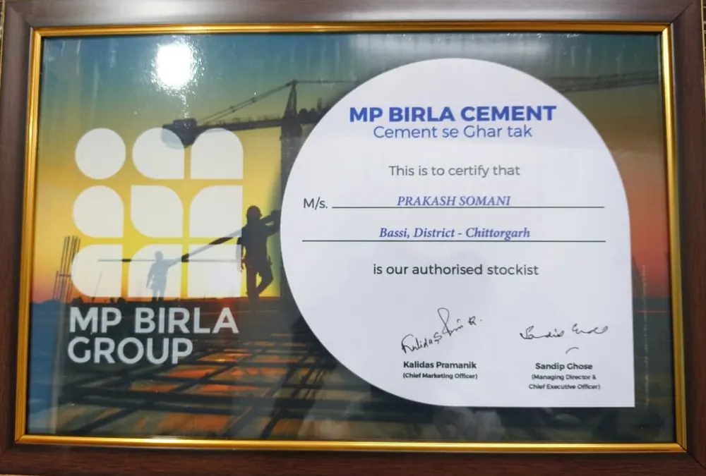 MP Birla Cement certificate naming Prakash Somani, Bassi, District Chittorgarh as authorised stockist